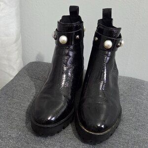 Karl Lagerfeld Black Patent Leather Booties with Pearl Details
